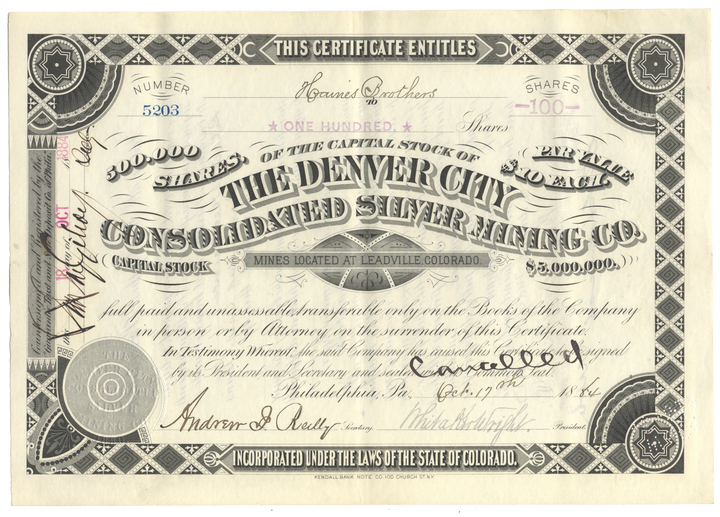 Denver City Consolidated Silver Mining Company Stock Certificate Signed by Whitaker Wright