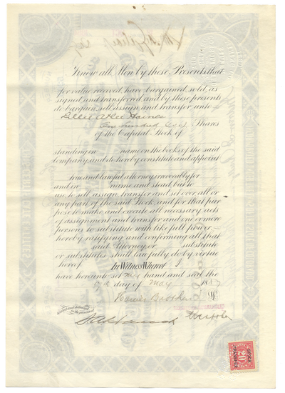 Denver City Consolidated Silver Mining Company Stock Certificate Signed by Whitaker Wright