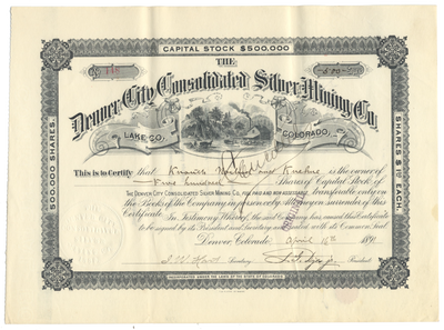 Denver City Consolidated Silver Mining Company Stock Certificate