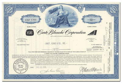 Carte Blanche Corporation Stock Certificate
