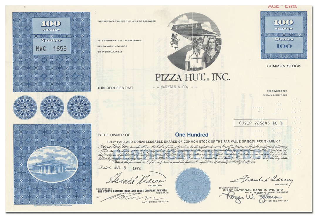 Pizza Hut, Inc. Stock Certificate