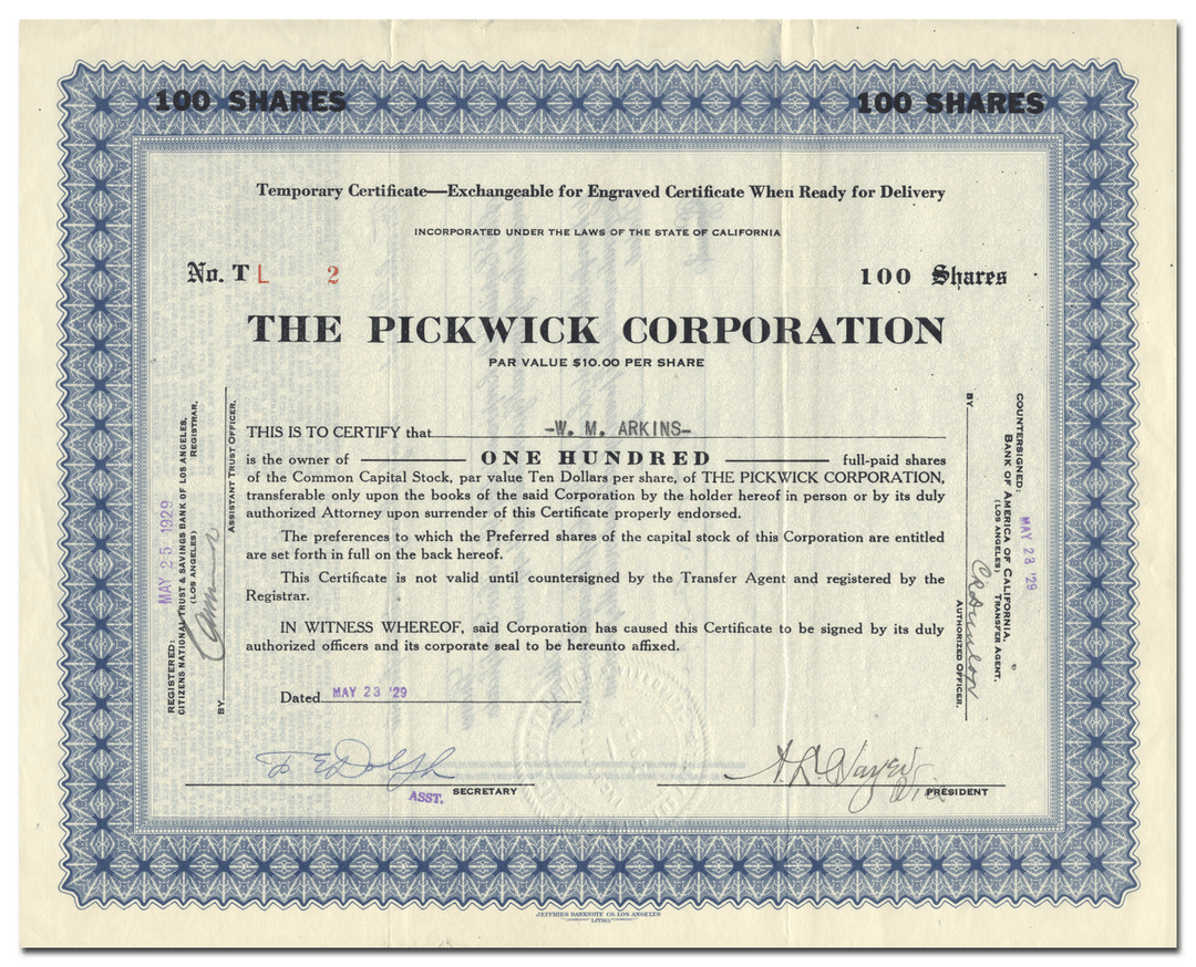 Pickwick Corporation Stock Certificate