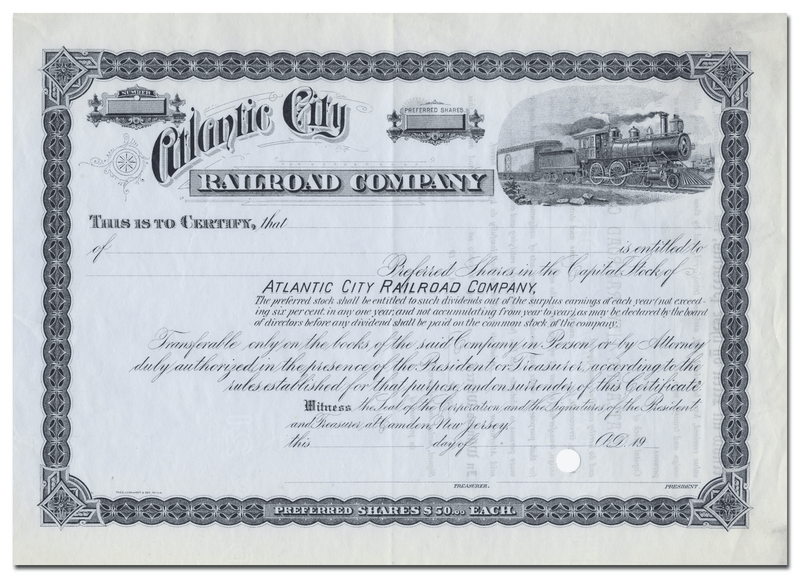 Atlantic City Railroad Company Stock Certificate