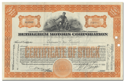 Bethlehem Motors Corporation Stock Certificate