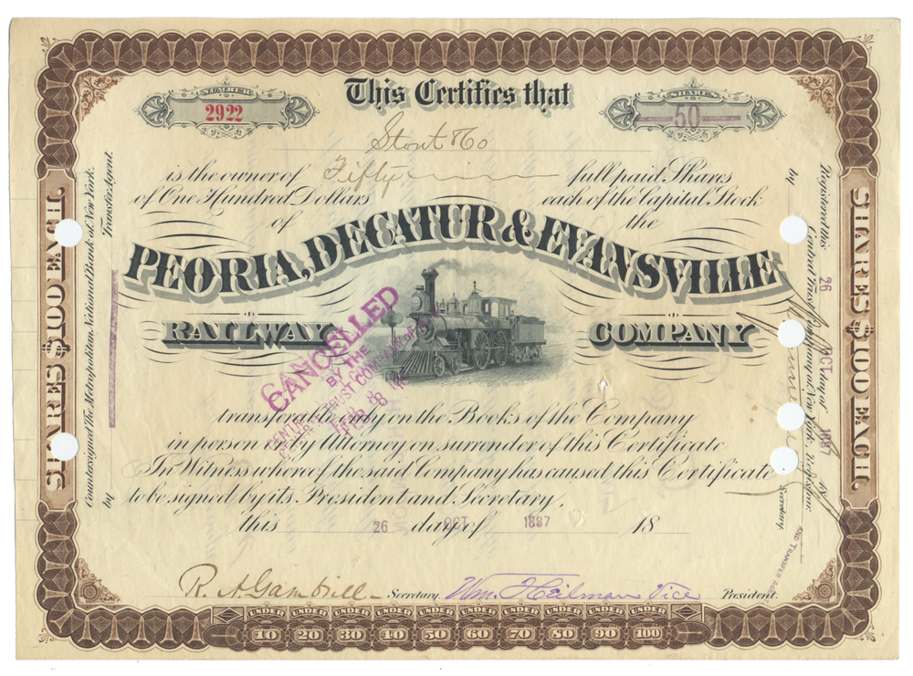 Peoria, Decatur & Evansville Railway Company Stock Certificate