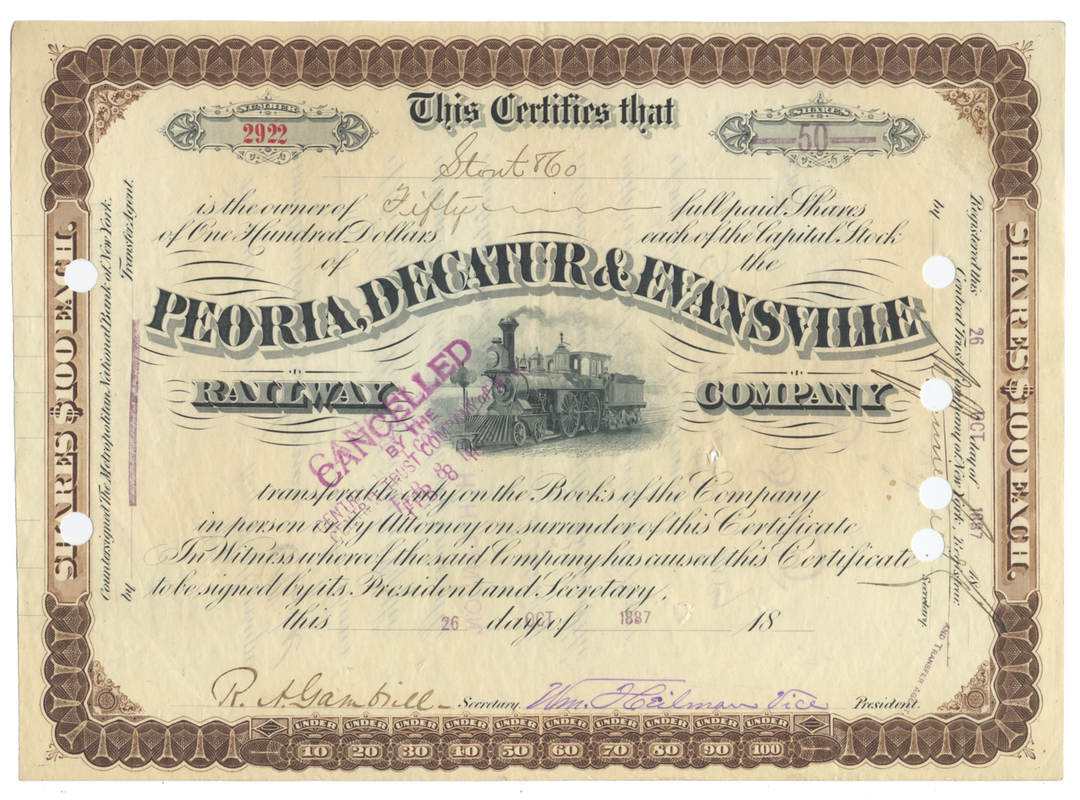 Peoria, Decatur & Evansville Railway Company Stock Certificate