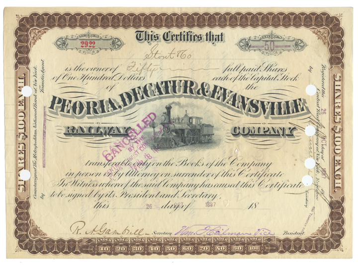 Peoria, Decatur & Evansville Railway Company Stock Certificate