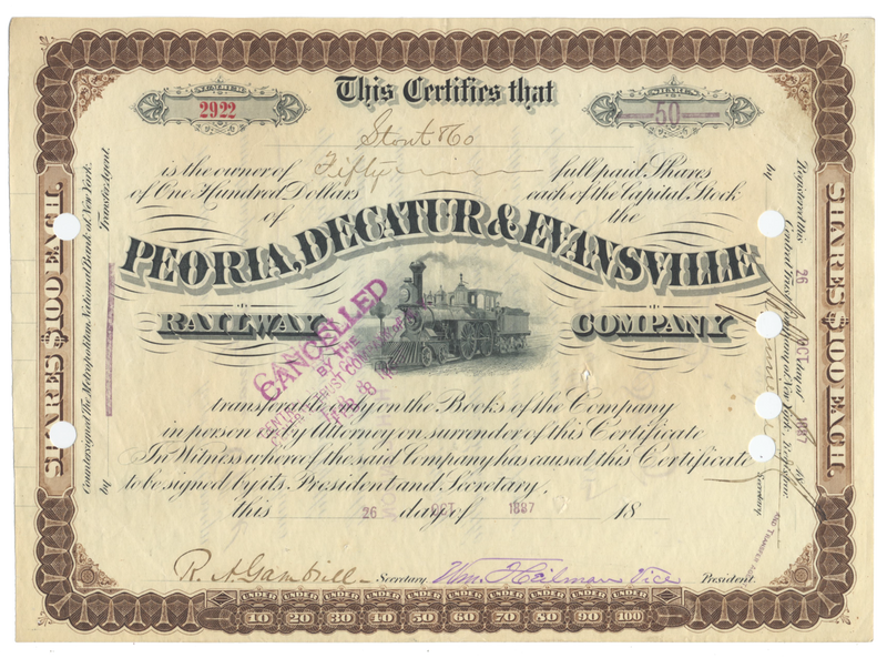 Peoria, Decatur & Evansville Railway Company Stock Certificate