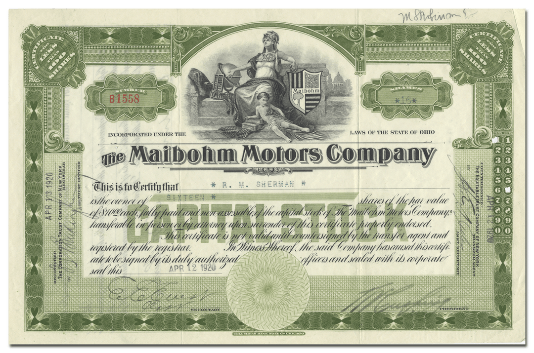 Maibohm Motors Company Stock Certificate