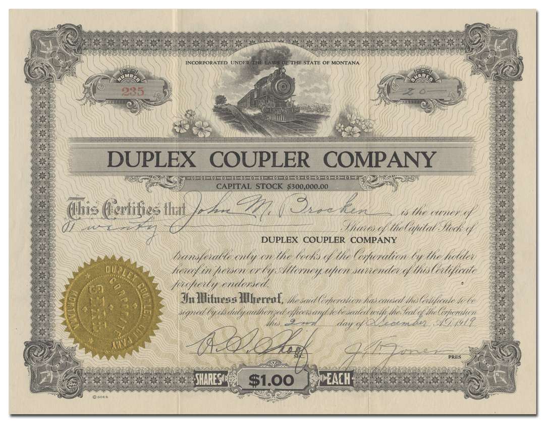 Duplex Coupler Company Stock Certificate