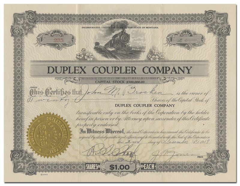 Duplex Coupler Company Stock Certificate