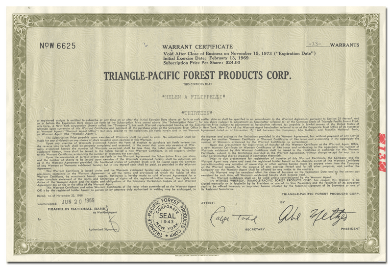 Triangle - Pacific Forest Products Corp. Stock Certificate