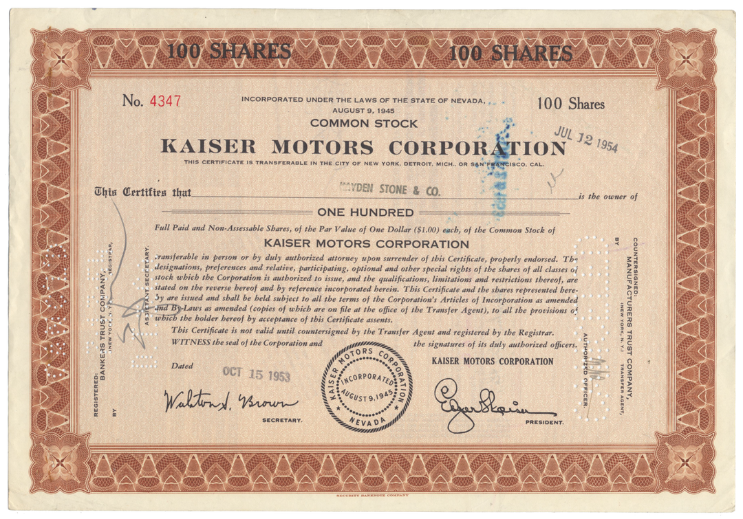 Kaiser Motors Corporation Stock Certificate