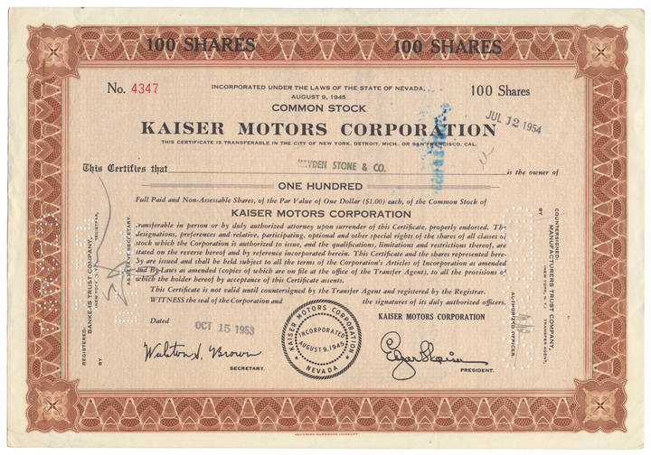 Kaiser Motors Corporation Stock Certificate