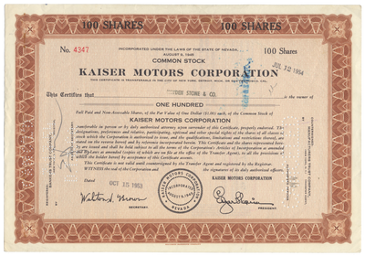 Kaiser Motors Corporation Stock Certificate