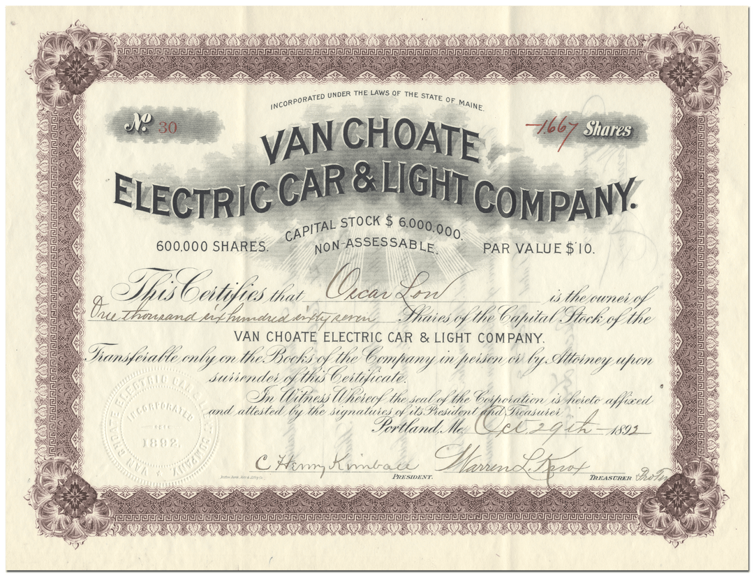 Van Choate Electric Car & Light Company Stock Certificate