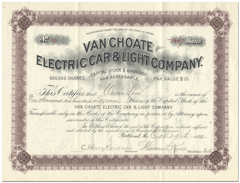 Van Choate Electric Car & Light Company Stock Certificate
