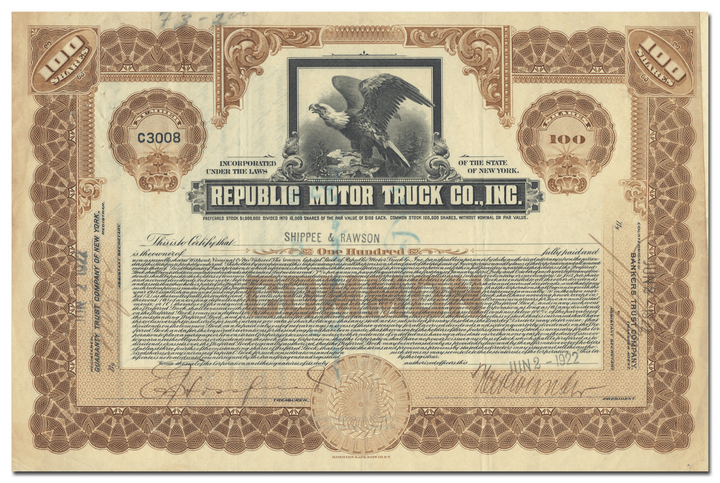 Republic Motor Truck Co., Inc. Stock Certificate