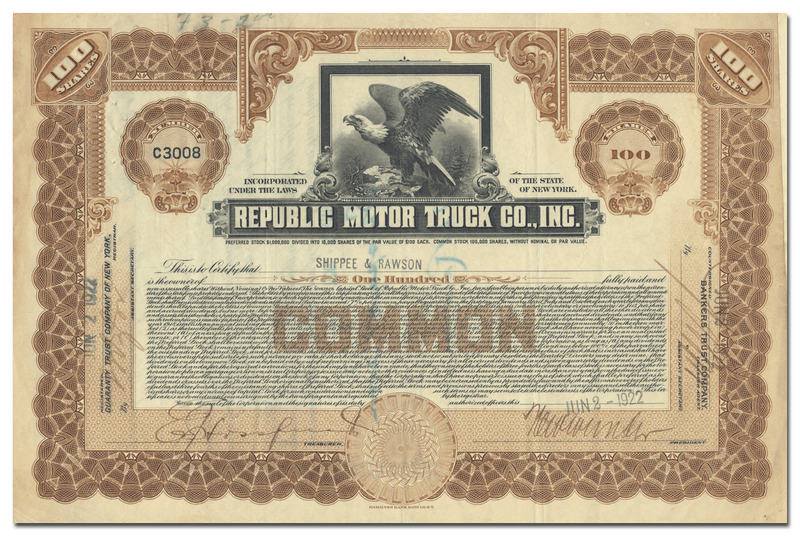 Republic Motor Truck Co., Inc. Stock Certificate