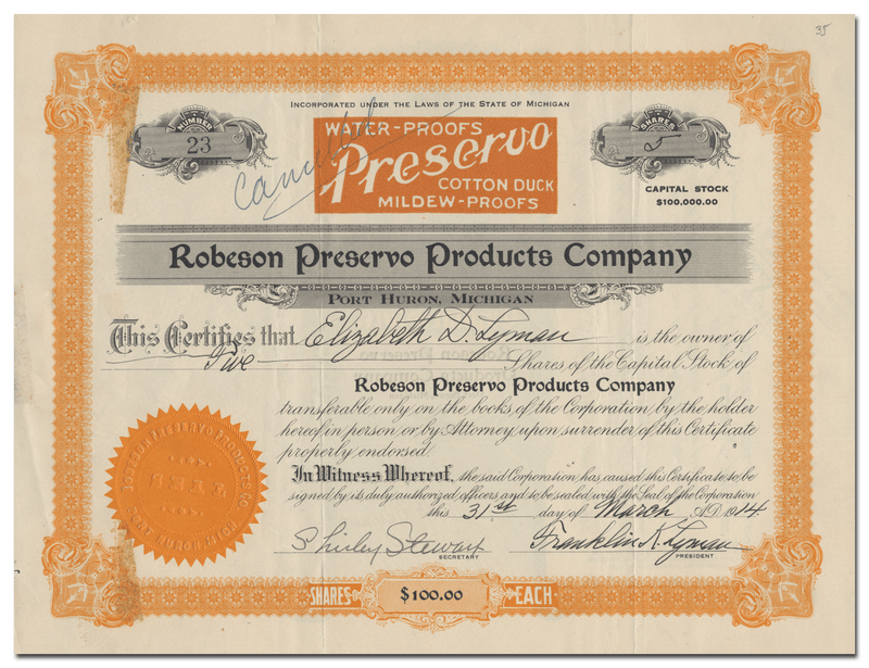 Robeson Preservo Products Company Stock Certificate