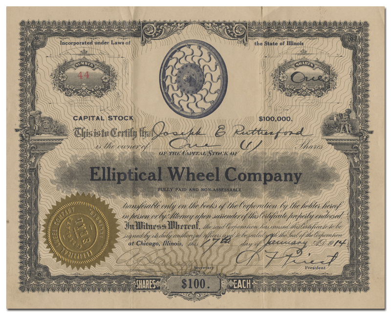 Elliptical Wheel Company Stock Certificate