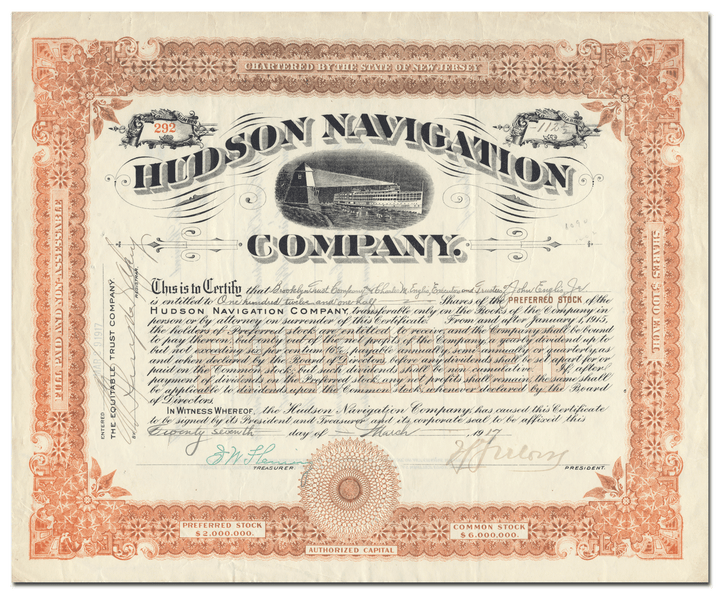 Hudson Navigation Company Stock Certificate