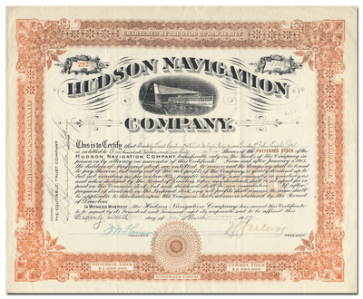 Hudson Navigation Company Stock Certificate