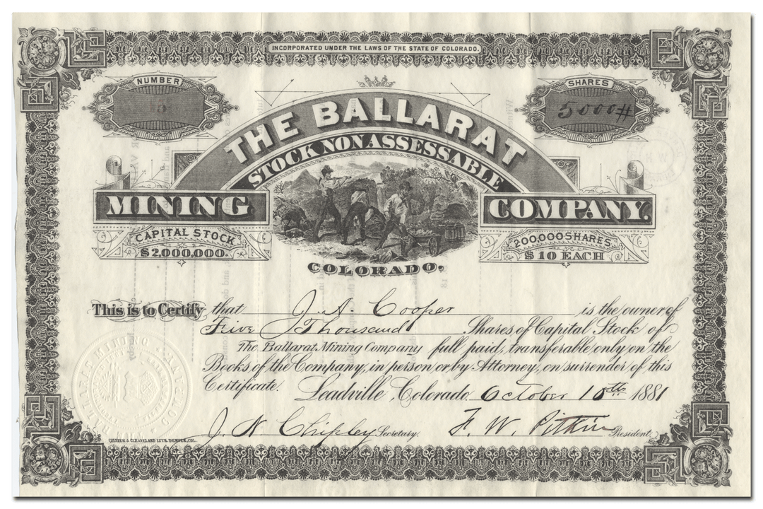 Ballarat Mining Company Stock Certificate