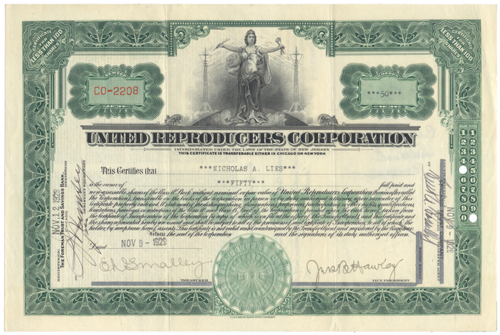 United Reproducers Corporation Stock Certificate