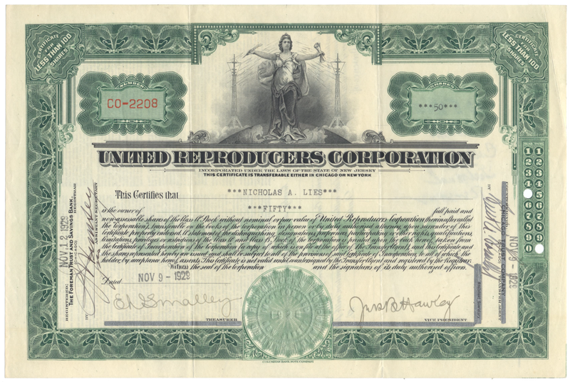 United Reproducers Corporation Stock Certificate