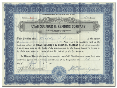 Utah Sulphur & Refining Company Stock Certificate