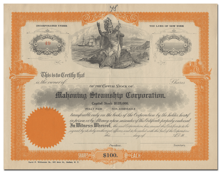 Mahoning Steamship Corporation Stock Certificate