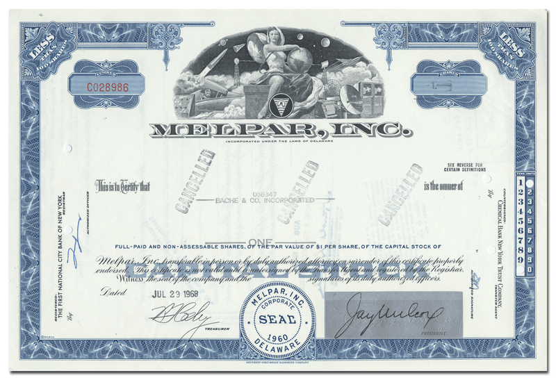 Melpar, Inc. Stock Certificate