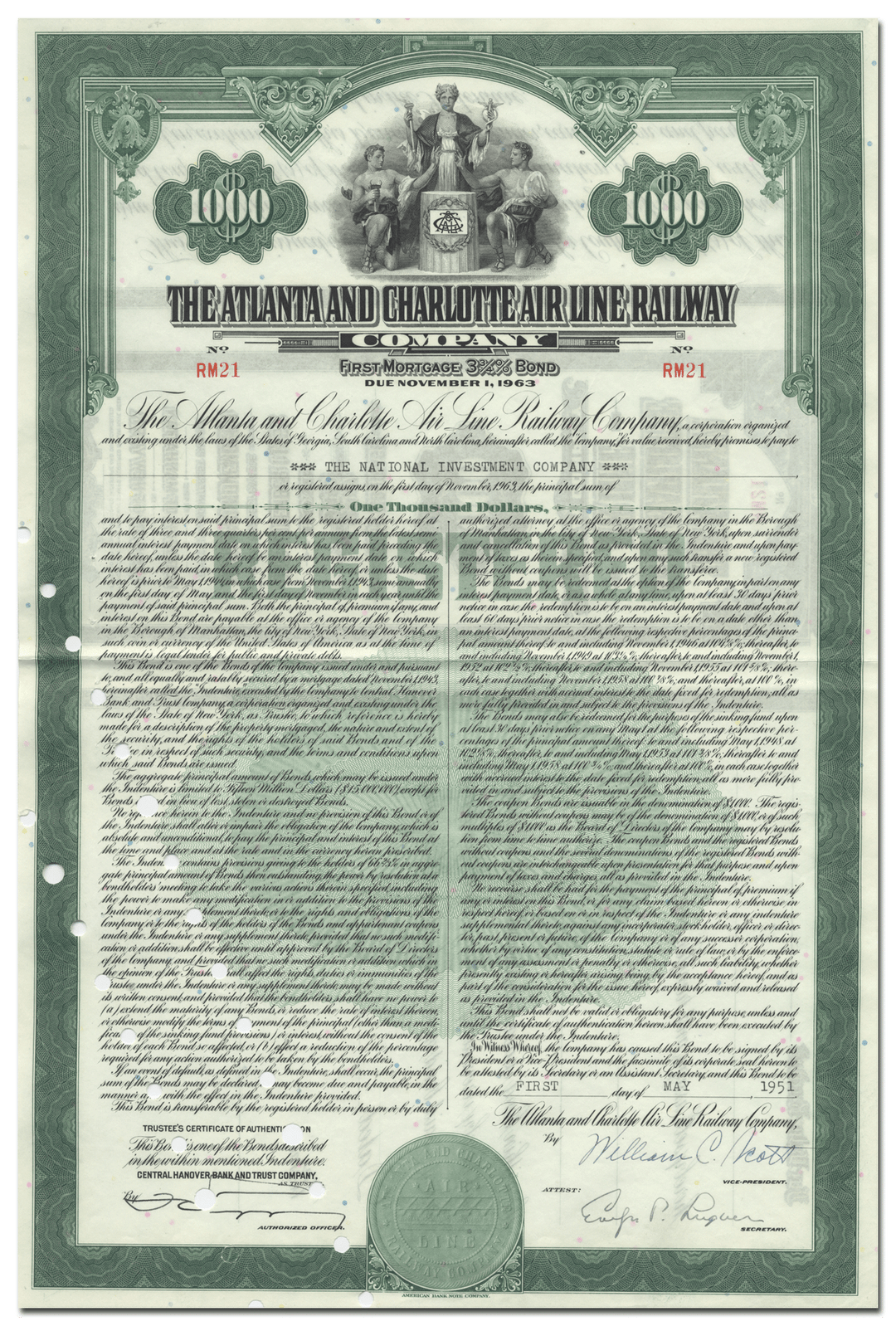 Atlanta and Charlotte Air Line Railway Company Bond Certificate