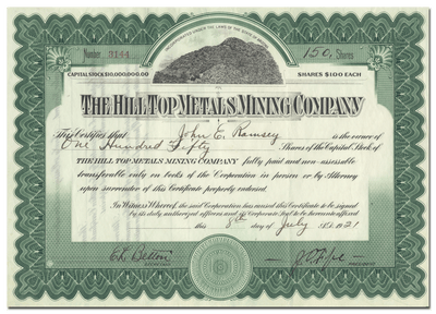 Hill Top Metals Mining Company Stock Certificate