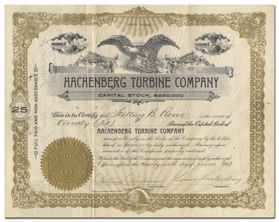 Hachenberg Turbine Company Stock Certificate