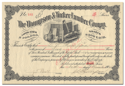 Thompson & Tucker Lumber Company Stock Certificate Signed by J. L. Thompson