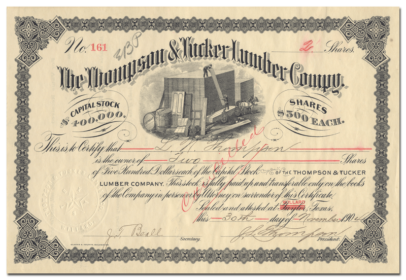 Thompson & Tucker Lumber Company Stock Certificate Signed by J. L. Thompson