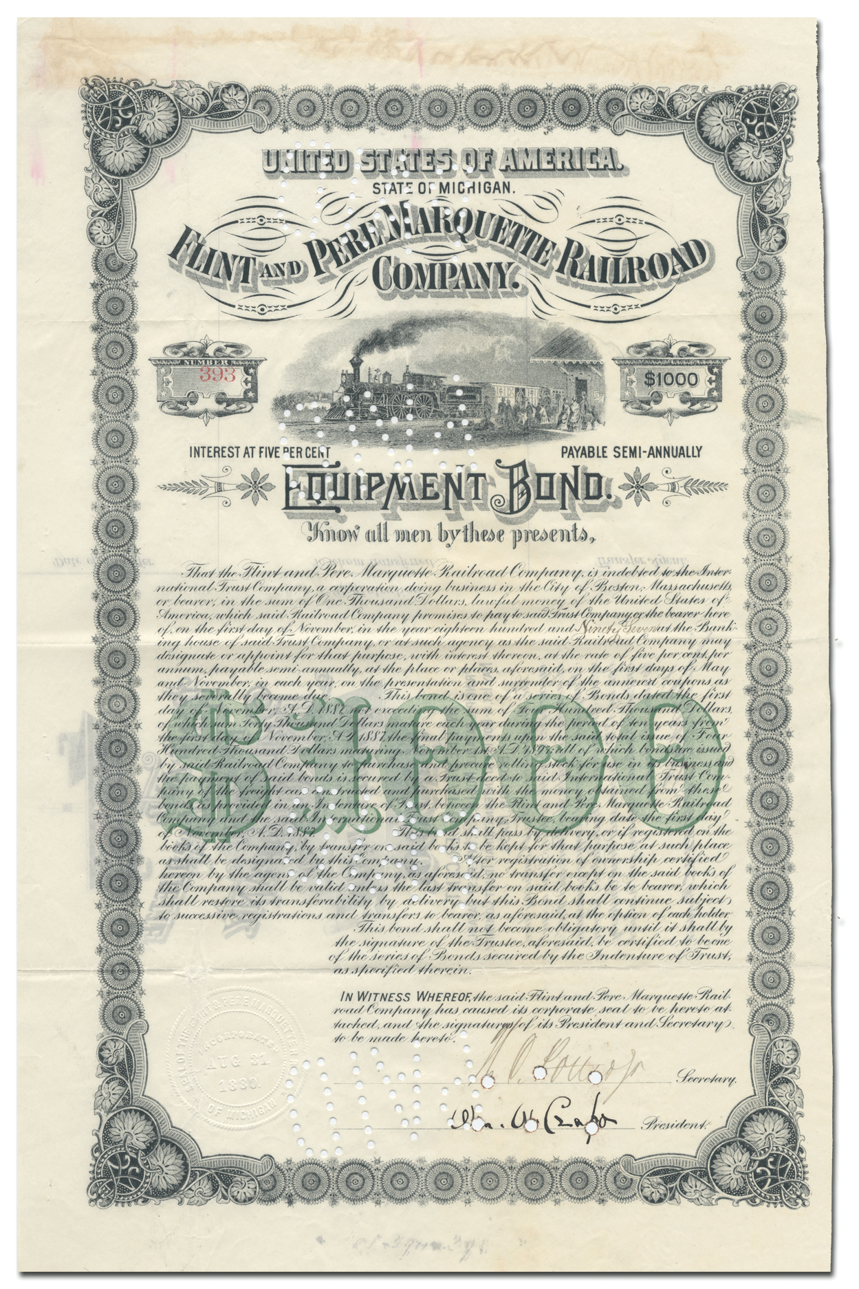 Flint and Pere Marquette Railroad Company Bond Certificate