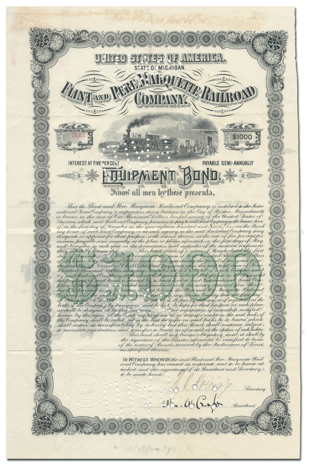 Flint and Pere Marquette Railroad Company Bond Certificate