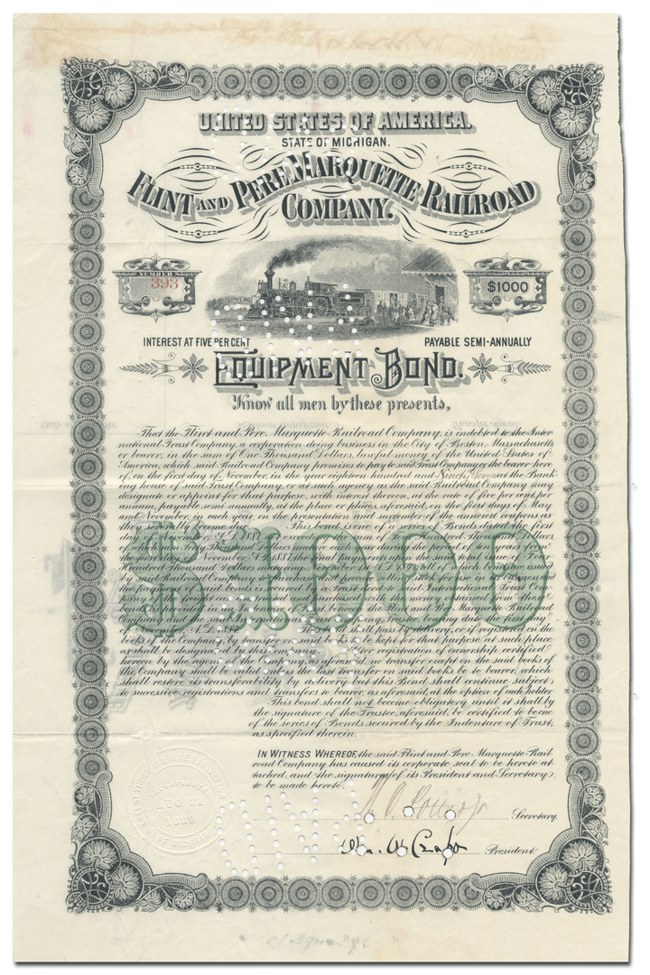 Flint and Pere Marquette Railroad Company Bond Certificate