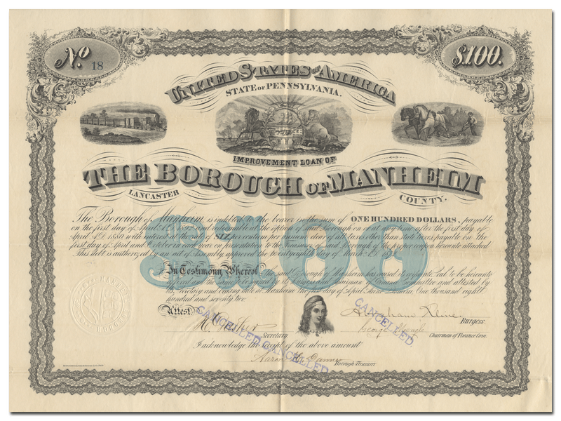 Manheim, Pennsylvania Bond Certificate