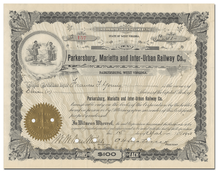 Parkersburg, Marietta and Inter-Urban Railway Co. Stock Certificate