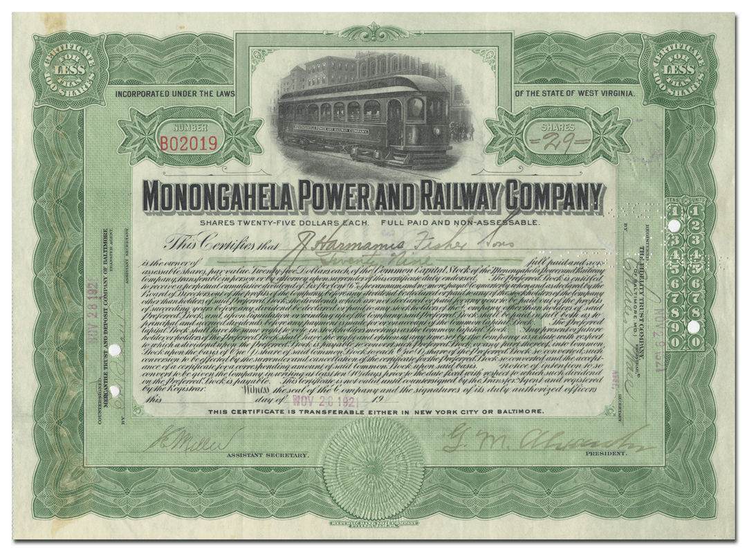 Monongahela Power and Railway Company Stock Certificate