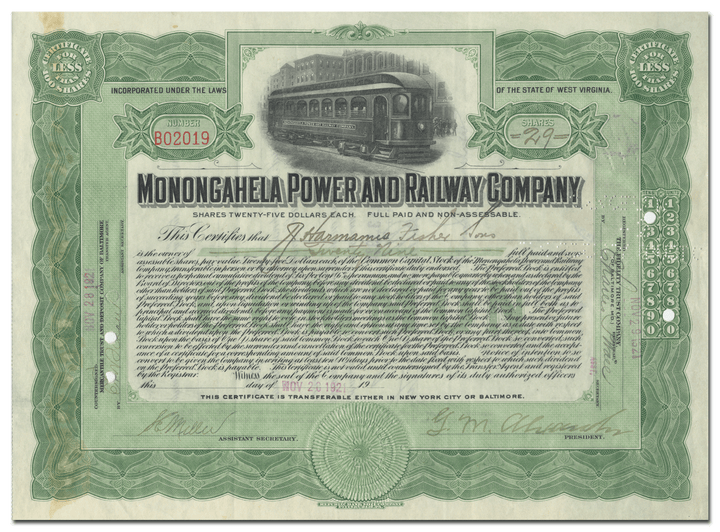 Monongahela Power and Railway Company Stock Certificate