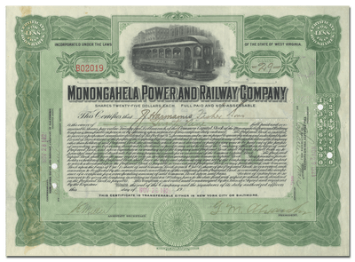 Monongahela Power and Railway Company Stock Certificate