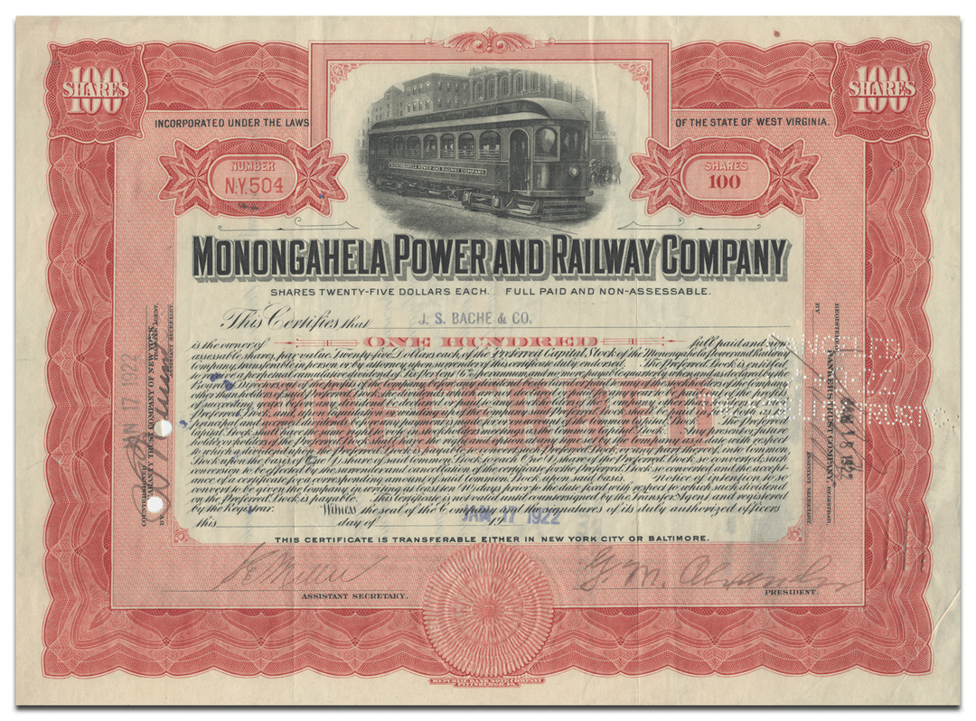 Monongahela Power and Railway Company Stock Certificate