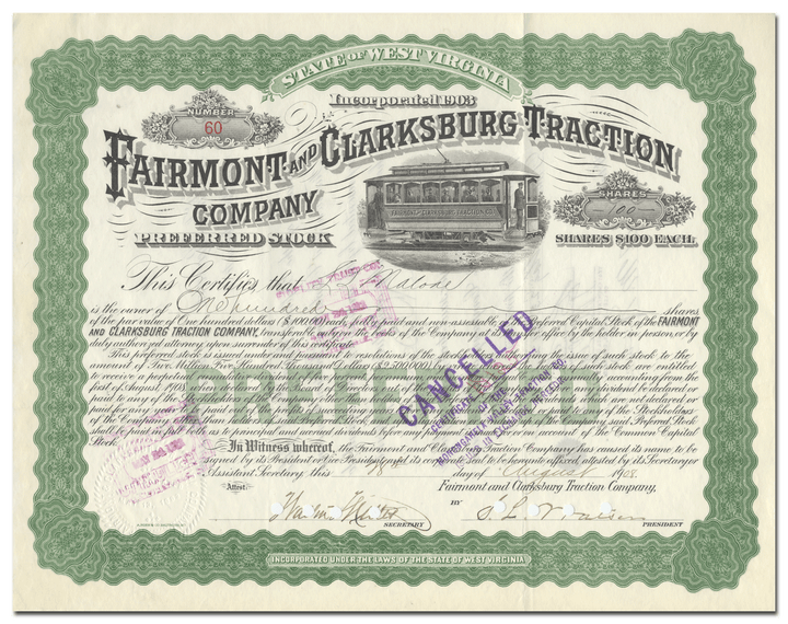 Fairmont and Clarksburg Traction Company Stock Certificate