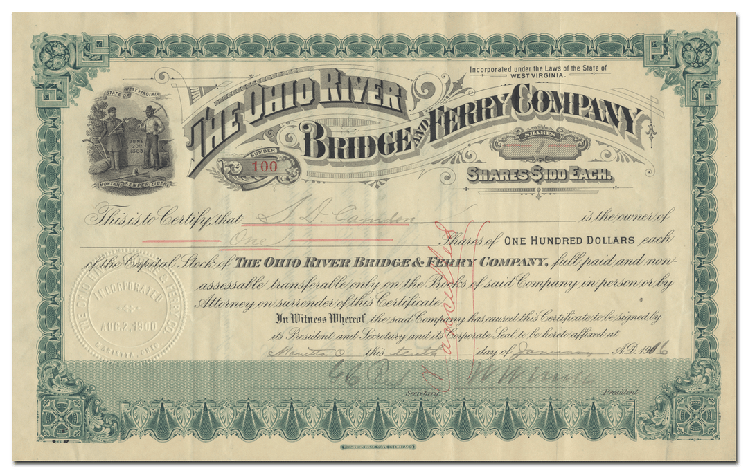 Ohio River Bridge and Ferry Company Stock Certificate