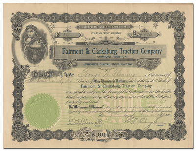 Fairmont & Clarksburg Traction Company Stock Certificate